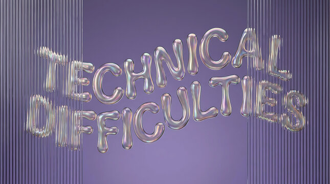 Technical difficulties sign with silver metallic letters on purple background