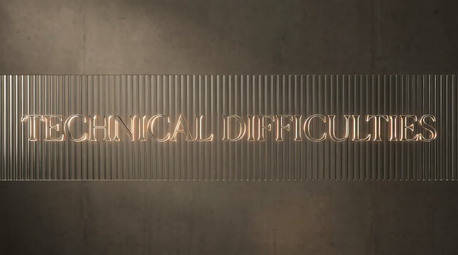 Technical Difficulties text message sign on a dark grey glitch background