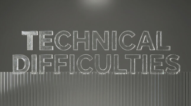 Technical difficulties sign with bold white text on a dark gray background