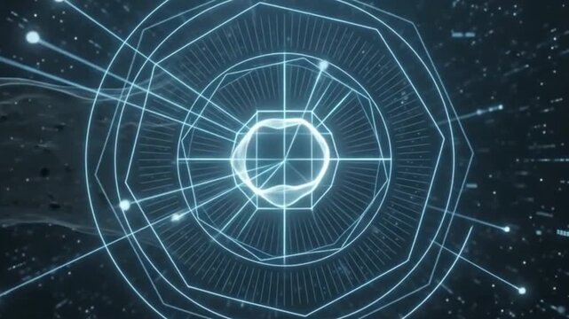 Geometric shapes and lines dynamically transform and rotate in a dark digital environment. The motion is fluid and continuous, creating a mesmerizing visual experience.
