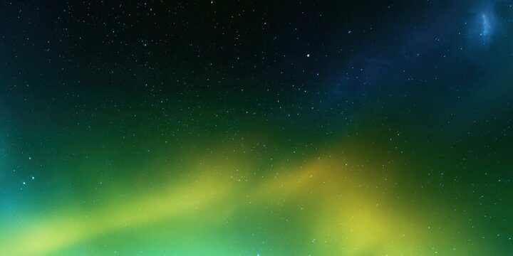 Aurora borealis yellow green horizontal light band shimmering across dark starry sky with faint nebula in corner