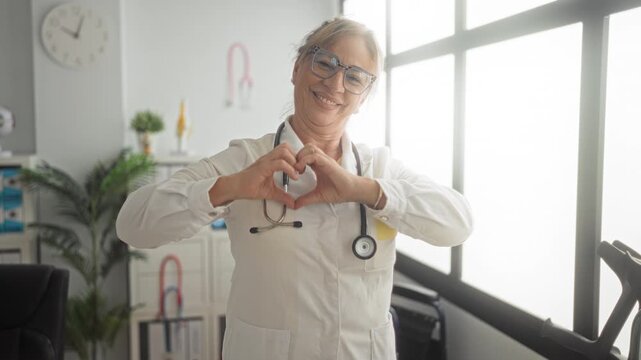 Middle age woman doctor forms heart with hands, smiling and wearing stethoscope in clinic building beside large window and wall clock; compassion care.
