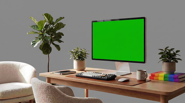 Modern home office workspace with a computer monitor featuring a green screen for custom design integration transparent background