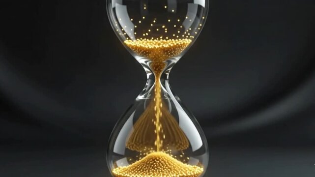 Golden particles cascade from the top to the bottom of a glass hourglass. The flow is steady and mesmerizing, creating a rhythmic motion. The scene is dark, emphasizing the shimmering particles.