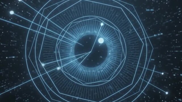 Geometric shapes and lines dynamically evolve in a dark digital space. The motion transitions from a circular formation to intricate patterns, creating a mesmerizing visual effect