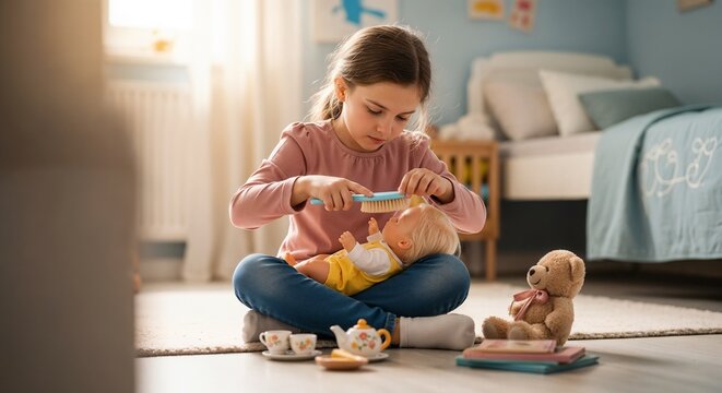 Little girl playing with doll and teddy bear while pretending to be a caring mother. Playing with doll includes brushing hair and setting up tea party with soft toys.
