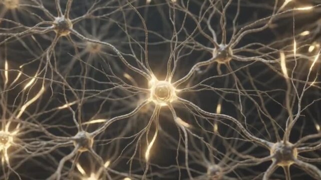 Neural network connection with glowing synapses and biological brain cell activity.