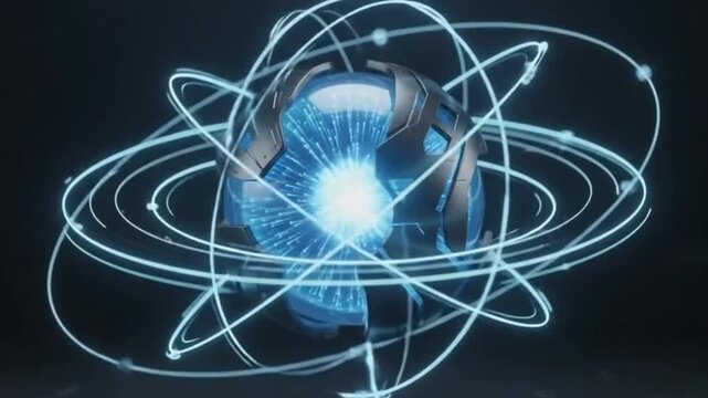 Futuristic glowing energy sphere with rotating digital rings in dark space background