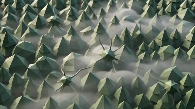 Low poly forest landscape with stylized 3D pine trees and soft atmospheric fog.