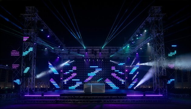 青と紫のレーザー光線が交差する野外コンサートステージ背景　Outdoor Concert Stage Background with Intersecting Blue and Purple Laser Beams