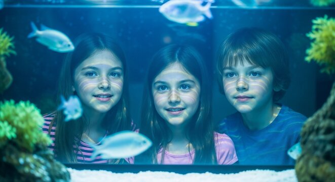 Kids watching aquarium fish with smiles while peering through glass, colorful underwater scene is captivating. Kids engaged with bright fish swimming around, observing sea life in home setting.