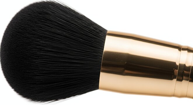 Close-up of a professional makeup brush with soft black bristles and a golden handle, isolated on a white background, perfect for beauty and cosmetic applications.