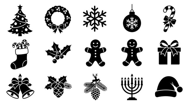 Set of black christmas holiday icons and decorative graphic elements