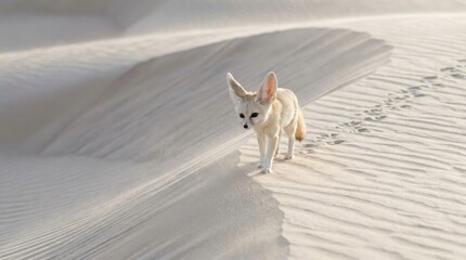 Fototapeta premium Fennec Fox in Desert Dunes: A fennec fox with its signature oversized ears treads carefully across undulating desert sand dunes.