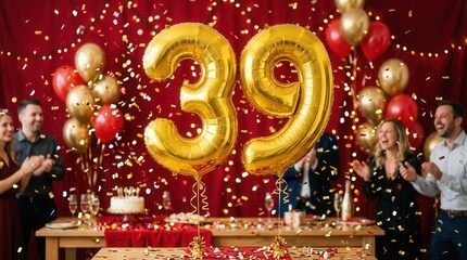 Fototapeta premium Joyful 39th Birthday Celebration with Gold Balloons and Confetti