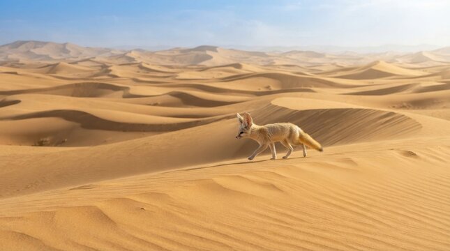 Desert Fox Roaming Sands: A fennec fox, with its distinctive large ears, navigates the undulating sand dunes of a vast desert under a clear blue sky.