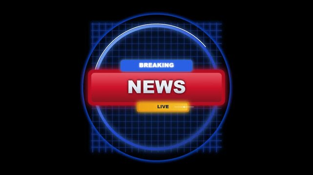 Breaking News Text Overlay With A Dynamic Live Broadcast Sign And A Rotating Blue Grid Background