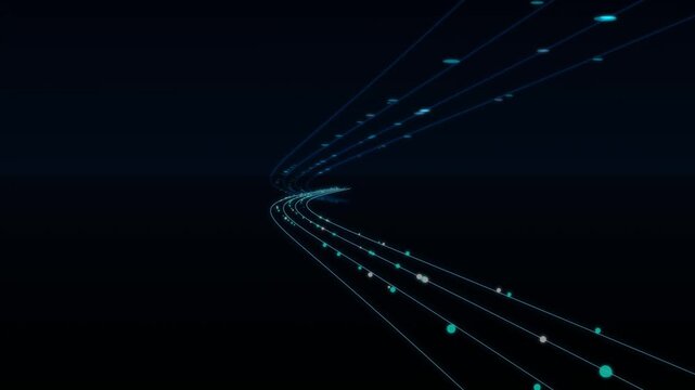 Glowing Cyan And Blue Light Data Streams Moving Along Digital Paths In A Dark Virtual Space