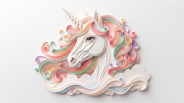 Paper quilling art of a unicorn head with a colorful flowing mane on a white background with head crafted layered