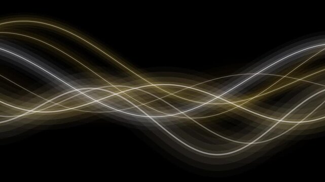 Abstract Flowing Golden And White Light Waves On A Black Background 