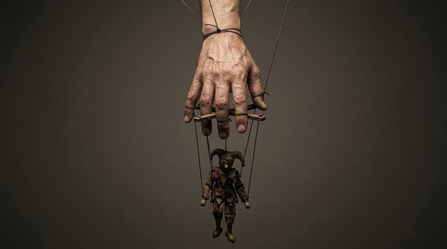 Puppet strings, control, manipulation and power relationship concept.