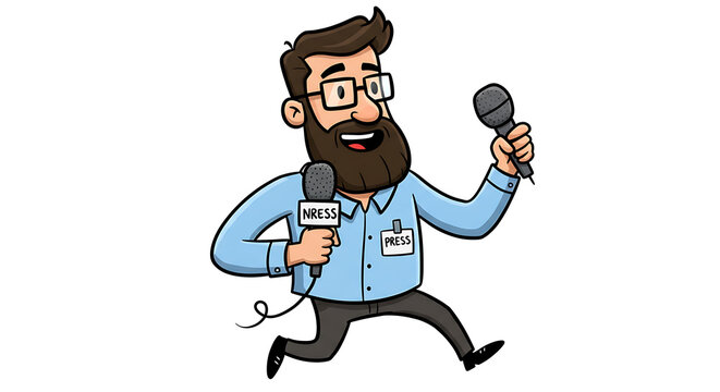 Vector illustration of running male news reporter character holding microphone for journalism and media broadcasting concepts
