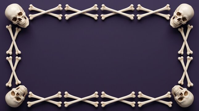 3D skulls and crossbones frame, decorative spooky border on dark purple background
