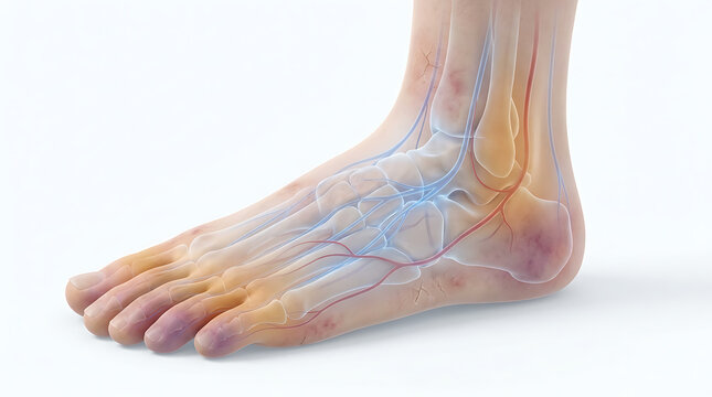 Detailed 3D Medical Illustration of Human Foot Anatomy Showing Bones, Joints, and Veins for Healthcare and Educational Projects