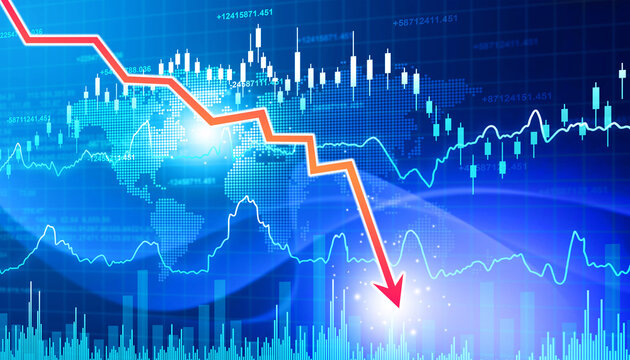 Fluctuating stock market chart with downward plunging arrows on a dark background, representing economic crash and financial loss.