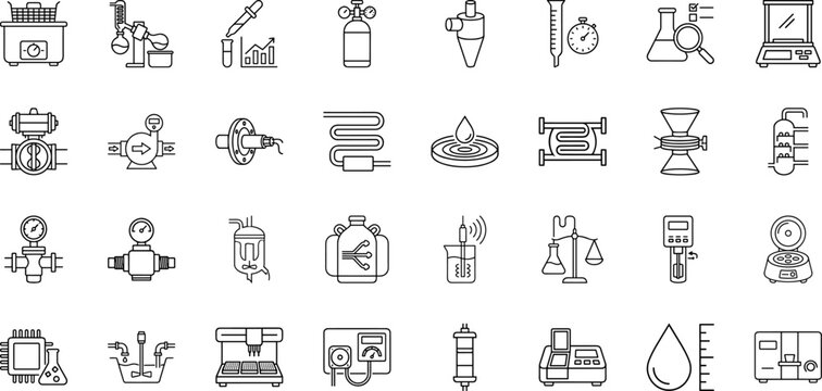 Chemical process automation line icon set. Vector pictograms of laboratory, reactor, instrumentation, and sensor elements, thin linear illustration.