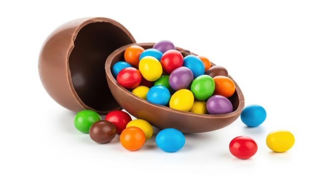 Broken chocolate easter egg overflowing with colorful candy drops and isolated on white background.