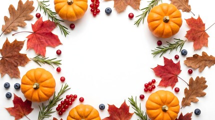 Obraz premium A festive border of pumpkins and colorful autumn leaves on white background for a beautiful happy thanksgiving day celebration greeting card design