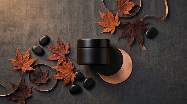 Top view of matte black skincare jar with autumn maple leaves and black stones cosmetic packaging fall theme beauty product skincare branding minimalist des