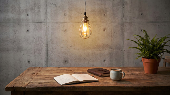 A rustic wooden desk with an open notebook and a coffee cup under a warm hanging edison light bulb