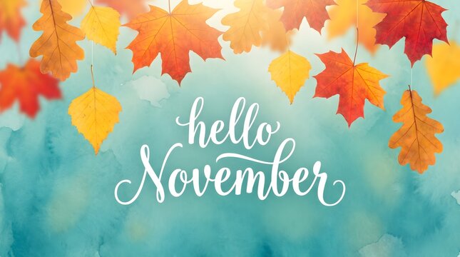 Beautiful hello november greeting card design with colorful autumn maple leaves on a soft blue background for a happy thanksgiving day celebration