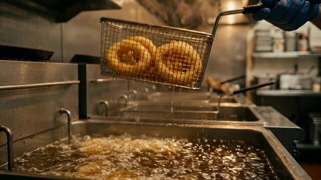 Chef Frying Onion Rings in Hot Oil Close Up Shot of Cooking Process in Commercial Kitchen