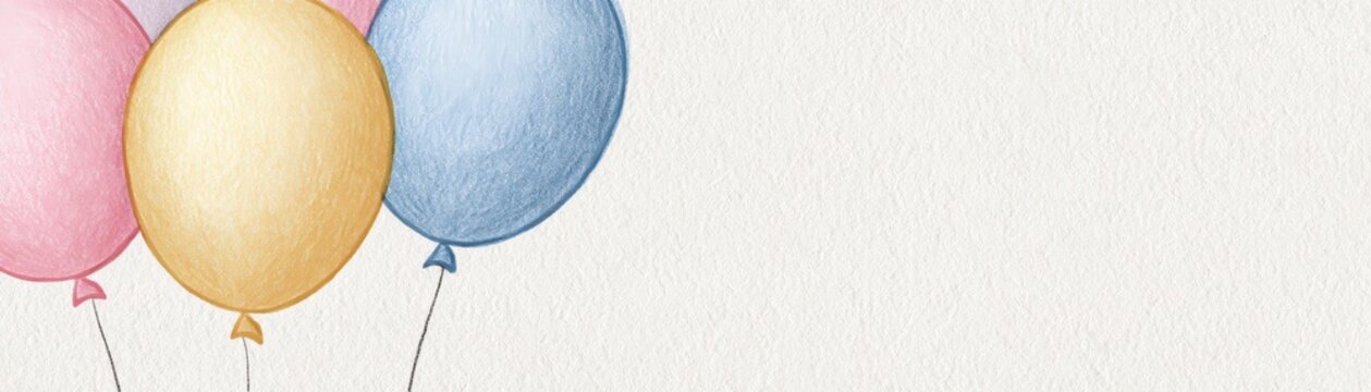 Three pastel-colored balloons in pink, yellow, and blue float against a textured white background on the left side, hand drawn kid friendly background