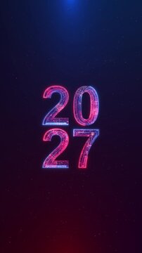 Futuristic 2027 numerals glow neon light starry, modern New Year celebrations, 19 events, digital greetings, gaming promotions, countdown sequences, broadcast titles, energetic party visuals.