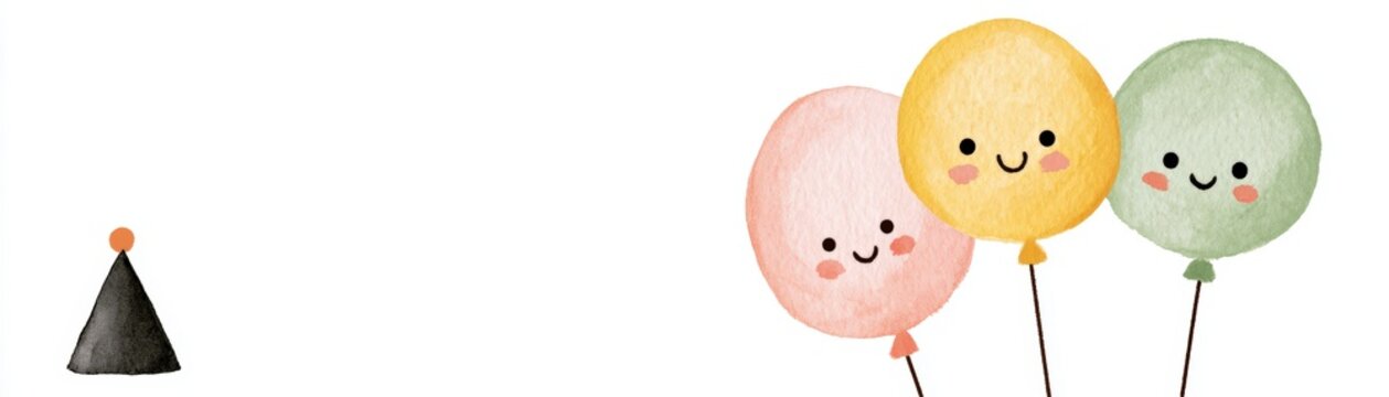 A small party hat next to three smiling balloons in pastel colors with cute faces, hand drawn kid friendly background