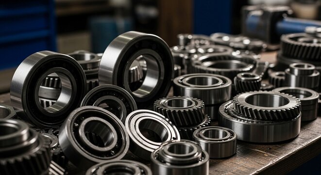 Close-up of multiple shiny metallic ball and roller bearings in an industrial setting