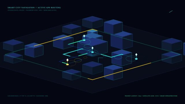 3D smart city map animation with glowing data points and navigation routes ideal for GPS tracking