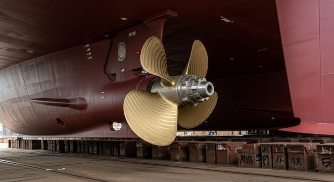 Close-up view of a large brass ship propeller with multiple blades, installed on the hull of a vessel.