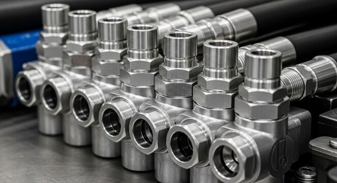 Close-up view of a row of metallic hydraulic valves with intricate details and connections