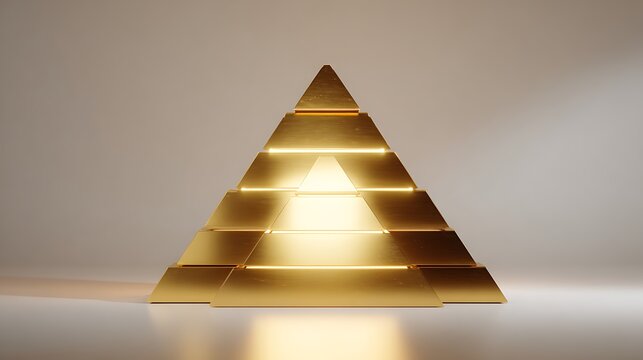 A glowing golden pyramid structure with layered segments on a neutral background.