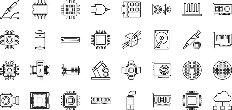 Artificial intelligence hardware line icon set. Vector pictograms of processor, computing, semiconductor, and microchip elements, thin linear illustration.
