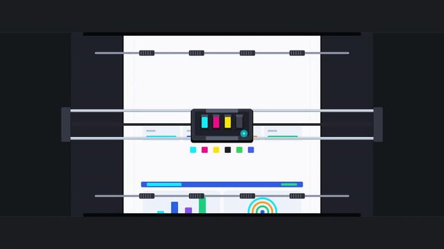 Close-up vertical footage of an inkjet printer printing charts on white paper, technology concept