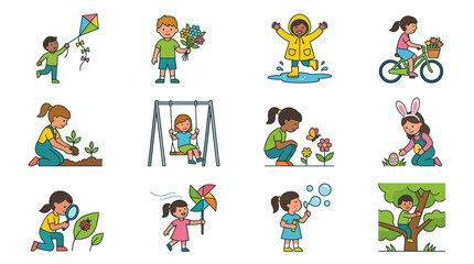 Fototapeta premium Children engage in various outdoor activities like flying kites, riding bikes, and blowing bubbles in a vector illustration set.
