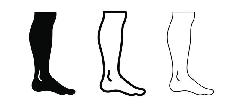 Set of three leg and foot icons in different styles, black silhouette, thick outline, and thin line art, human lower limb symbols for medical or health design