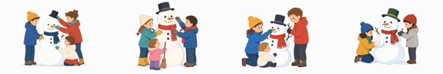 Fototapeta premium Vector illustration of children building a snowman on a white background