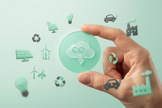 「CO2削減」の丸いアイコンと、太陽光や風力などの環境・エネルギーアイコンを手に持つビジネスイメージ